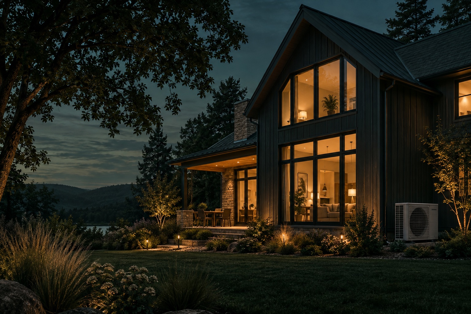 Warm light fills a home at dusk, with an outdoor heat pump beside it.