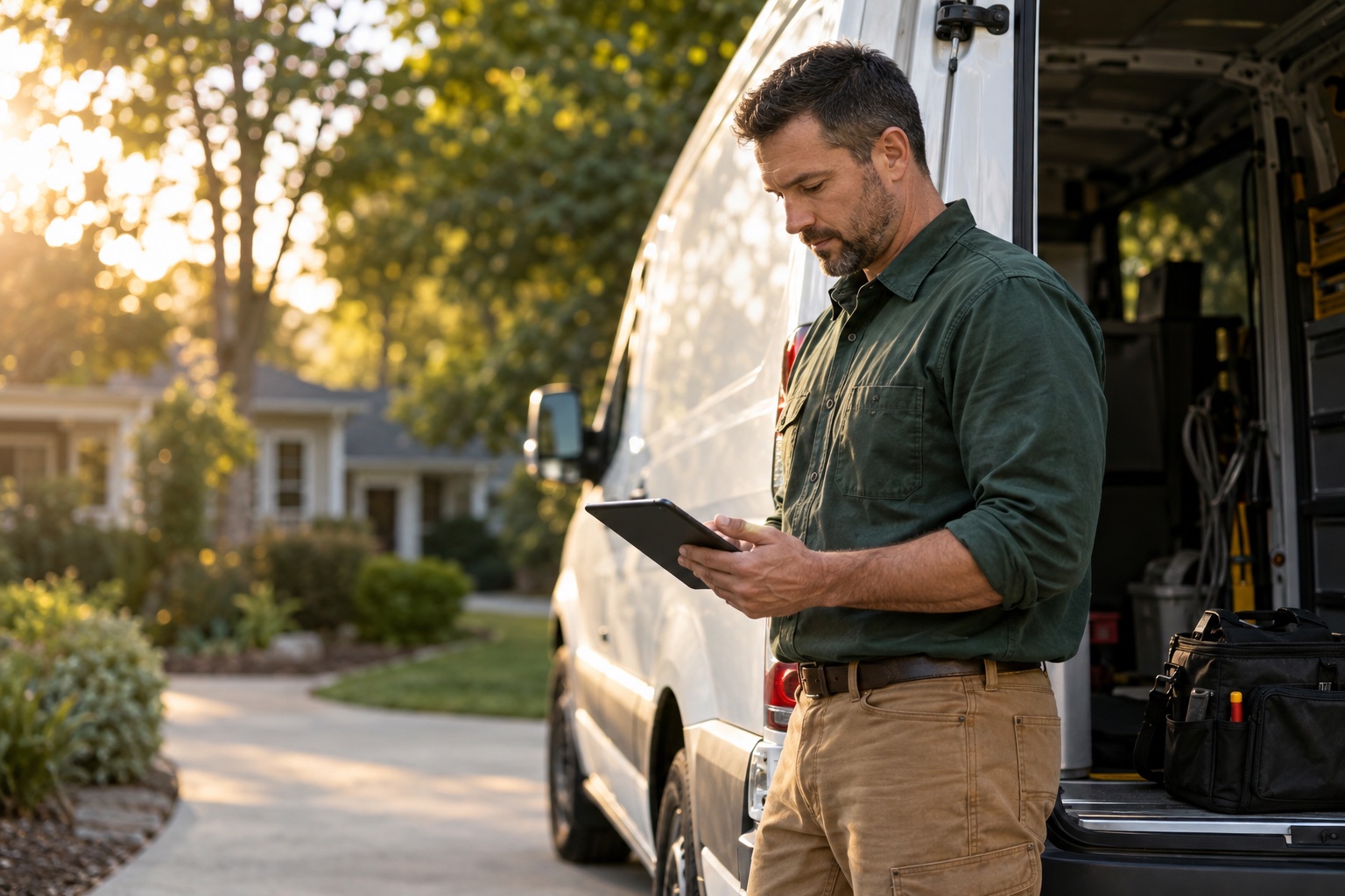 An HVAC technician reviews a tablet beside a service van in the late afternoon.